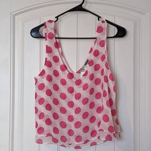 Necessary Objects Polka Dot Cropped Top White Pink Medium Flowy Sleeveless Layer - Picture 1 of 6